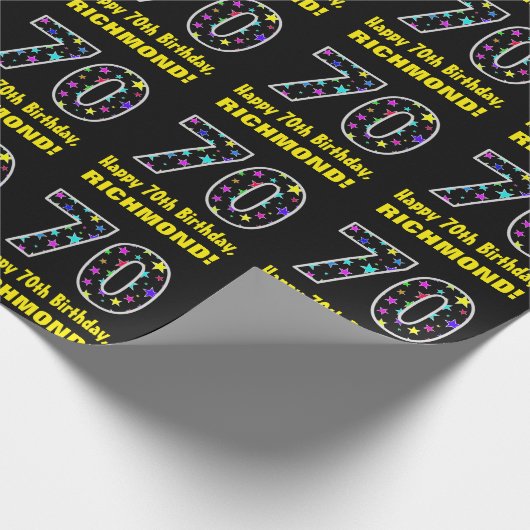 Papier Cadeau Joyeux 70e anniversaire, Fun Colorful Stars Motif (Coin)