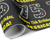 Papier Cadeau Joyeux 75e anniversaire, Fun Colorful Stars Motif (Coin rond)