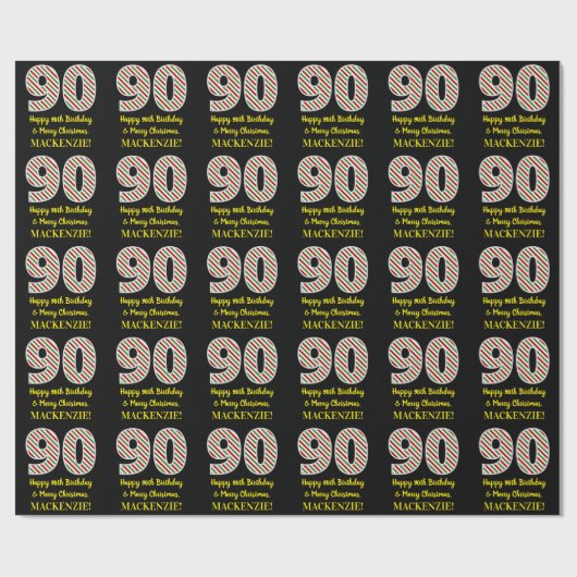 Papier Cadeau Joyeux 90e anniversaire & Joyeux Noël, Nom personn (Plat)