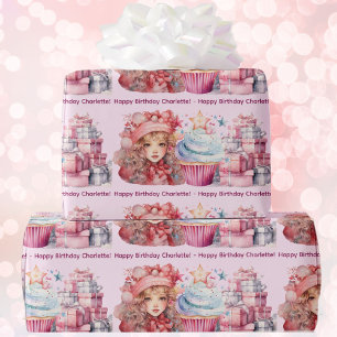 Papier Cadeau Joyeux Anniversaire Ajouter Nom de la fille Cupcak