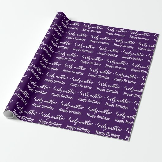 Papier Cadeau Joyeux Anniversaire Blanc Nom Script foncé violet (Déroulé)