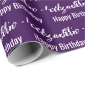 Papier Cadeau Joyeux Anniversaire Blanc Nom Script foncé violet (Coin rond)