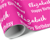 Papier Cadeau Joyeux Anniversaire Blanc Nom Script Hot Rose (Coin rond)