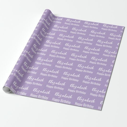 Papier Cadeau Joyeux Anniversaire Blanc Nom Script Pale Purple (Déroulé)