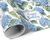 Papier Cadeau Joyeux anniversaire bleu Hydrangea Fleurs aquarell (Coin rond)