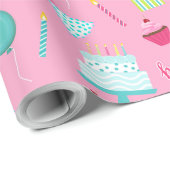 Papier Cadeau Joyeux Anniversaire Cake Balloons Candles présente (Coin rond)