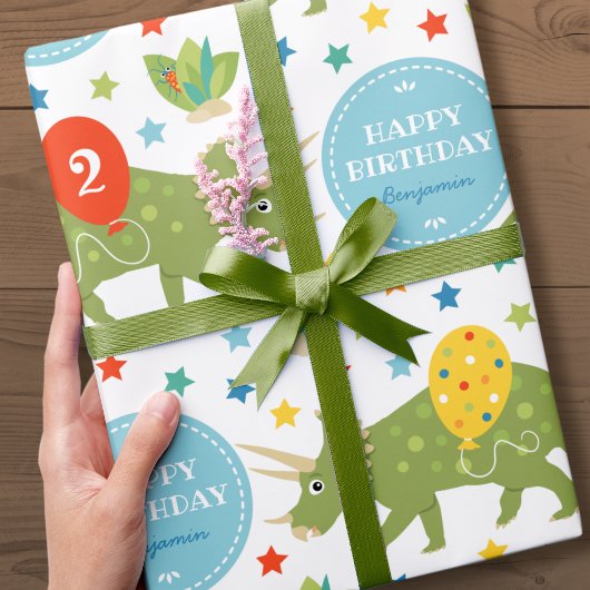 Papier Cadeau Joyeux Anniversaire Dinosaur Tricératops Nom Age