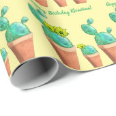 Papier Cadeau Joyeux Anniversaire Fleur Jaune Poted Cactus (Coin rond)