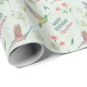 Papier Cadeau Joyeux anniversaire Fleurs de printemps et colibri
