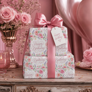 Papier Cadeau Joyeux Anniversaire Fleurs Roses Argentées