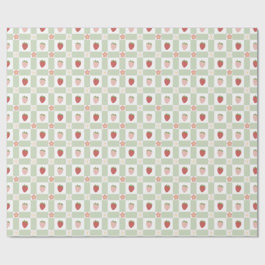 Papier Cadeau Joyeux Anniversaire Fraise Gingham (Plat)
