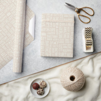 Papier Cadeau Joyeux Anniversaire Main Typographie en Tons Beige