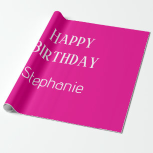 Papier Cadeau Joyeux Anniversaire Monogramme Nom Hot Rose Blanc 