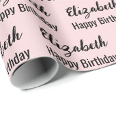 Papier Cadeau Joyeux Anniversaire Noir Nom de Script Rose Clair (Coin rond)