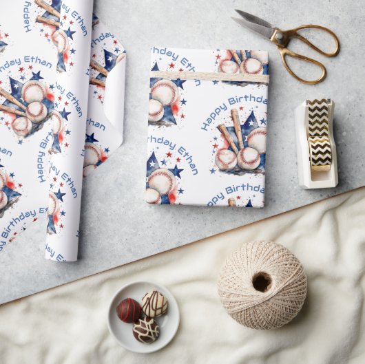 Papier Cadeau Joyeux Anniversaire Nom Blue Red Bat Baseball (Artisanat)