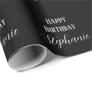 Papier Cadeau Joyeux Anniversaire Nom Monogramme noir blanc mode