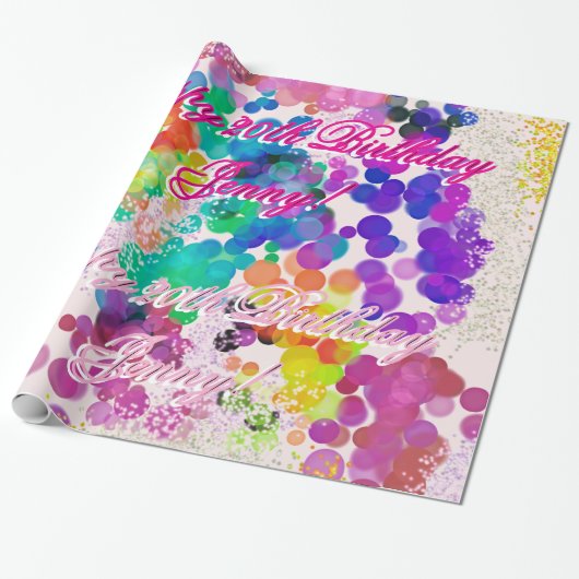 Papier Cadeau Joyeux Anniversaire Nom Multicolor Abstrait Bokeh (Déroulé)