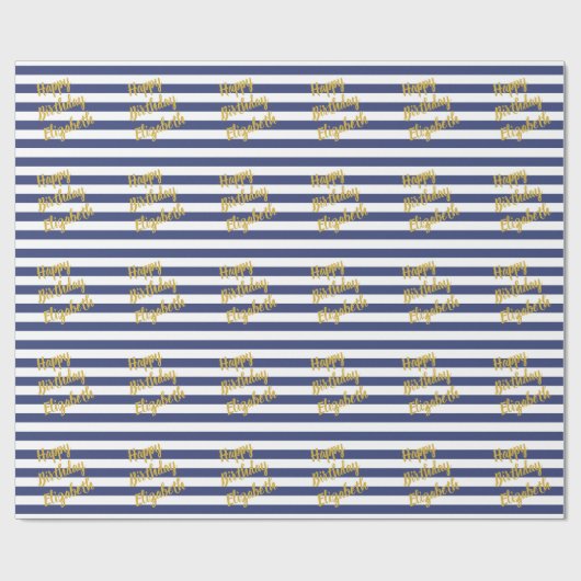 Papier Cadeau Joyeux Anniversaire Nom Or Script Bleu Blancs Blan (Plat)