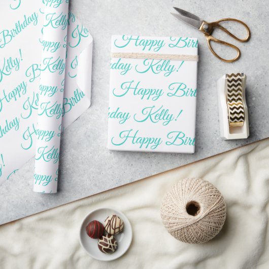 Papier Cadeau Joyeux Anniversaire Nom Turquoise Customisé (Artisanat)