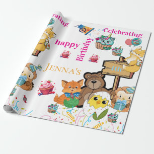 Papier Cadeau Joyeux Anniversaire Oiseau Renard Chat Poussin Pap