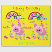 Papier Cadeau Joyeux Anniversaire Papier Pink Pigs Jaune (Plat)