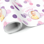 Papier Cadeau JOYEUX ANNIVERSAIRE photo moderne confetti taches  (Coin rond)