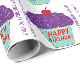 Papier Cadeau Joyeux Anniversaire Purple Frosting Cerry Cupcake