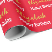 Papier Cadeau Joyeux Anniversaire Script Doré Rouge Clair & Nom (Coin rond)