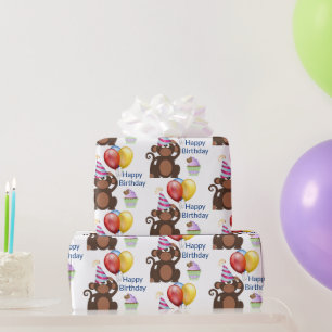 Papier Cadeau Joyeux Anniversaire Singe et Ballons Fête