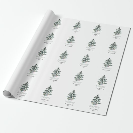 Papier Cadeau Joyeux Aquarelle Neige Pine Noël Arbre Cadeaux (Déroulé)