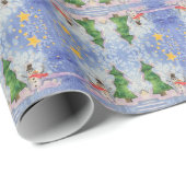 Papier Cadeau Joyeux Arbre De Noël Et Aquarelle De Snowman Froid (Coin rond)