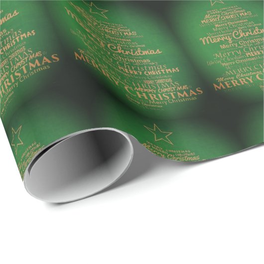 Papier Cadeau Joyeux arbre de Noël vert et or (Coin rond)