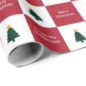 Papier Cadeau Joyeux Arbres de Noël Vert Rouge Blanc Du Nom (Coin rond)