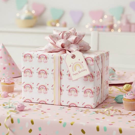 Papier Cadeau Joyeux arc-en-ciel rose anniversaire