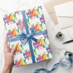 Papier Cadeau Joyeux Ballons D'Anniversaire Sur Blanc