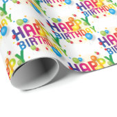 Papier Cadeau Joyeux Ballons D'Anniversaire Sur Blanc (Coin rond)