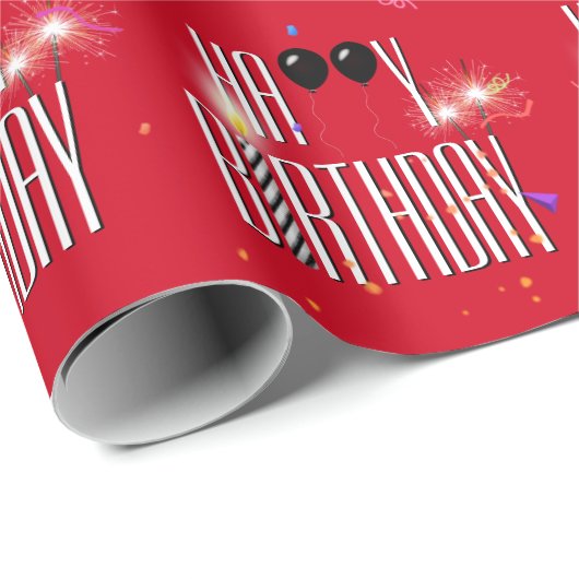 Papier Cadeau Joyeux Ballons noirs et Sparklers d'anniversaire (Coin rond)