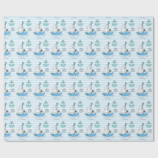 Papier Cadeau Joyeux bateau à voile bleu anniversaire (Plat)