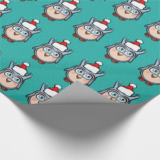 Papier Cadeau Joyeux bébé hibou avec Casquette de Noël (Coin)