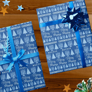 Papier Cadeau Joyeux Bleu Interconfessionnel Nom Chrismukkah