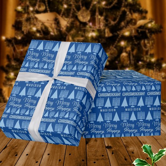 Papier Cadeau Joyeux Bleu Interconfessionnel Nom Chrismukkah
