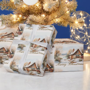 Papier Cadeau Joyeux Cabine de Noël dans un paysage enneigé