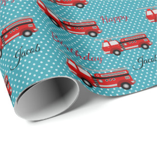 Papier Cadeau Joyeux Camion de feu rouge d'anniversaire