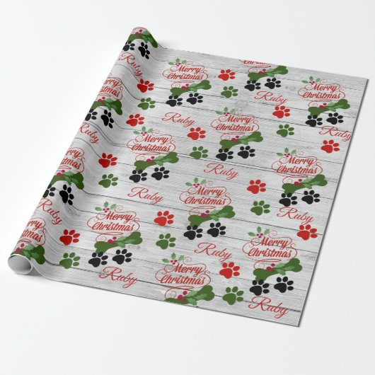 Papier Cadeau Joyeux chien de Noël ajouter nom os & pawprints en (Déroulé)