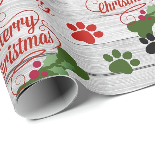 Papier Cadeau Joyeux chien de Noël ajouter nom os & pawprints en (Coin rond)