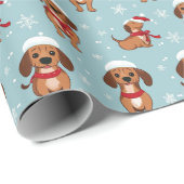 Papier Cadeau Joyeux chien jouant et flocons de neige Noël (Coin rond)