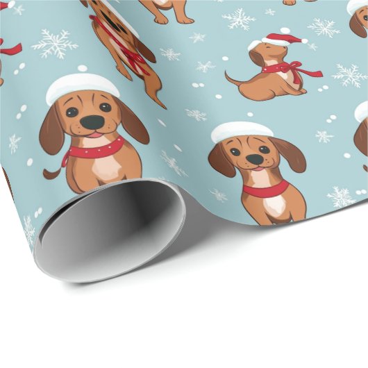 Papier Cadeau Joyeux chien jouant et flocons de neige Noël (Coin rond)
