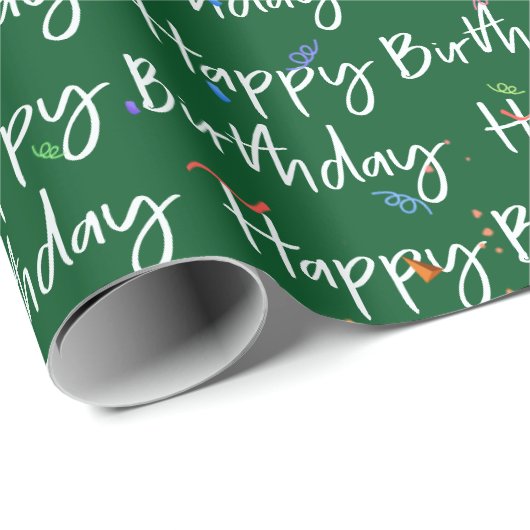 Papier Cadeau Joyeux Confetti d'anniversaire sur Vert (Coin rond)
