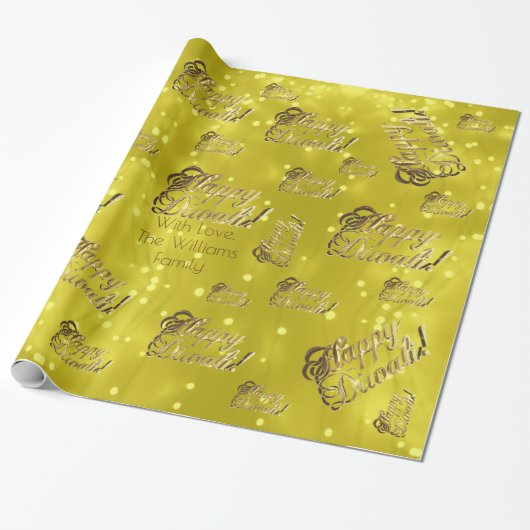 Papier Cadeau Joyeux Diwali Elégant Faux Gold Foil Script Jaune (Déroulé)