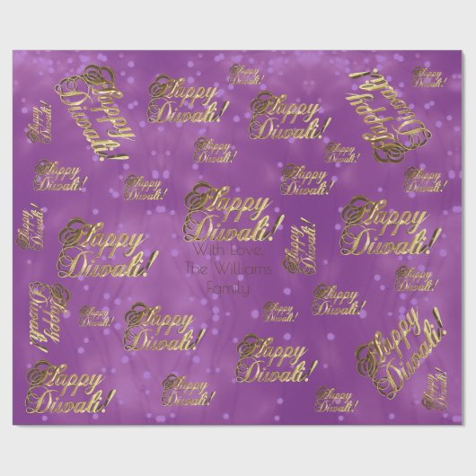 Papier Cadeau Joyeux Diwali Elegant Faux Gold Foil Script violet (Plat)